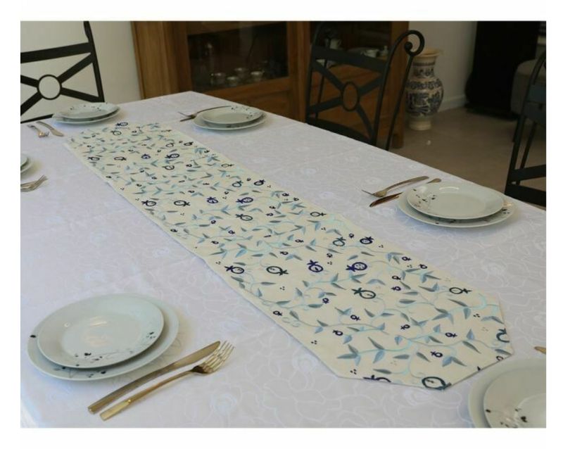 Emanuel Embroidered Pom Table Runner - Blue