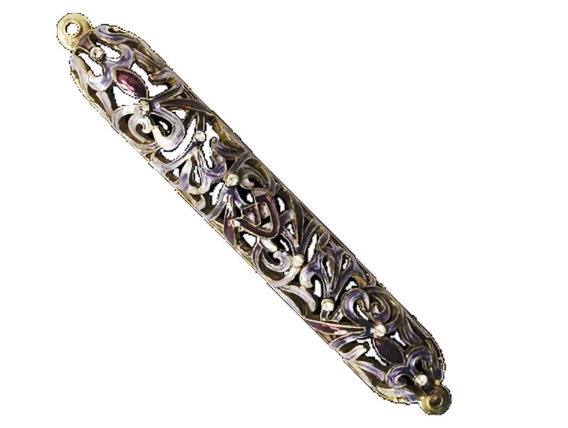 Enamel Jeweled Mezuzah - MED - Purple/Gold