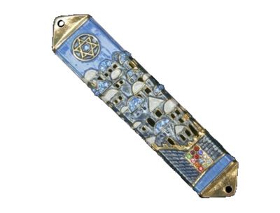 Enamel Jeweled Mezuzah - MED - Blue Jerusalem