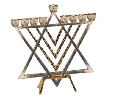 Enameled Jewish Gold/Blue Star Menorah with Jeweled Accents Enameled Jewish Gold/Blue Star Menorah with Jeweled Accents
