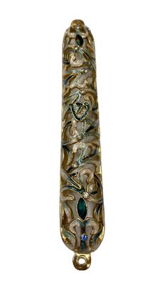 Enamel Jeweled Mezuzah - MED - Teal/Gold