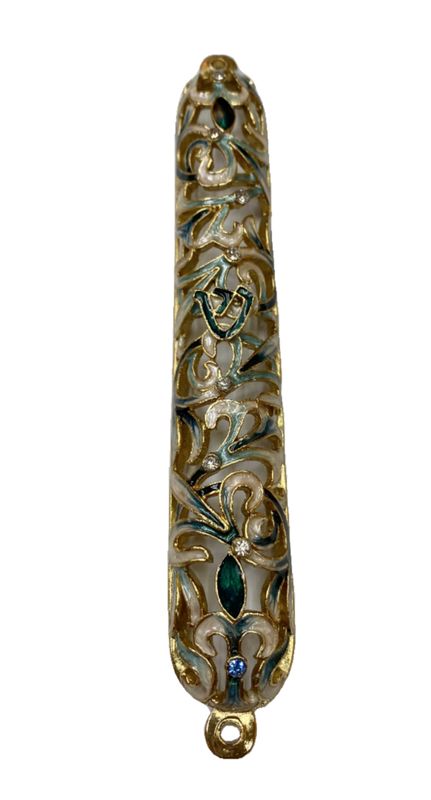 Enamel Jeweled Mezuzah - MED - Teal/Gold