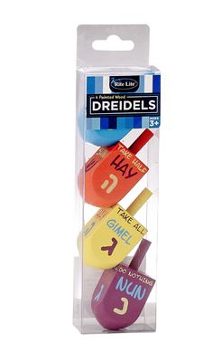 4 Lg Painted Wood Dreidels with Rules of The Game