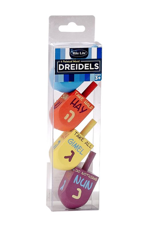 4 Lg Painted Wood Dreidels with Rules of The Game
