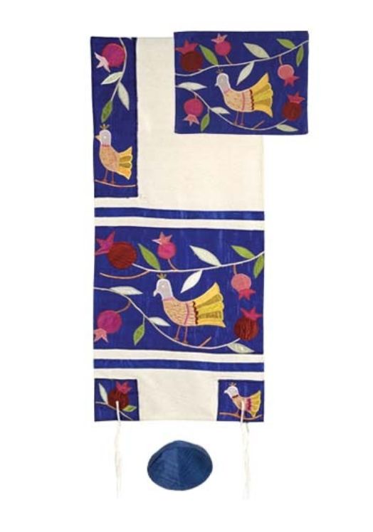 Emanuel Raw Silk Appliqued Tallit Set - Birds - Blue