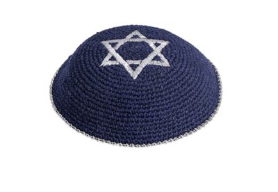 Knitted Kippah Blue W/Silver Star of David &amp; Rim