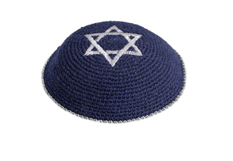 Knitted Kippah Blue W/Silver Star of David &amp; Rim