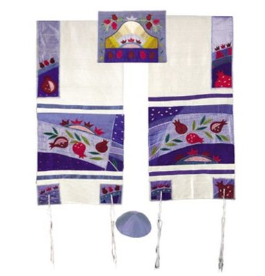 Emanuel Raw Silk Appliqued Tallit Set - Pomegranate - Blue