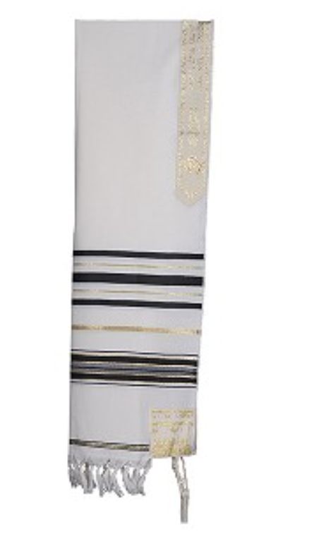 White Wool Tallit with Blue/Gold Stripes