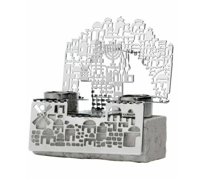 Silver Laser Cut/Jerusalem Stone Candleholders Silver Laser Cut/Jerusalem Stone Candleholders