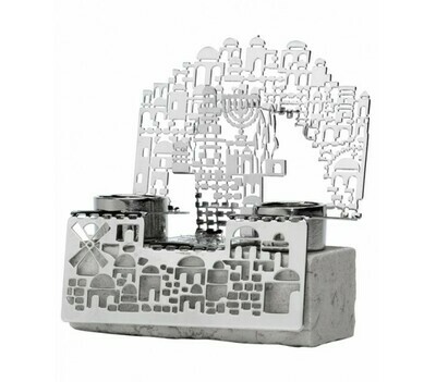 Silver Laser Cut/Jerusalem Stone Candleholders