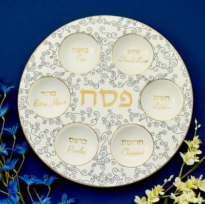 Ceramic Classic Seder Plate with Gold Accents