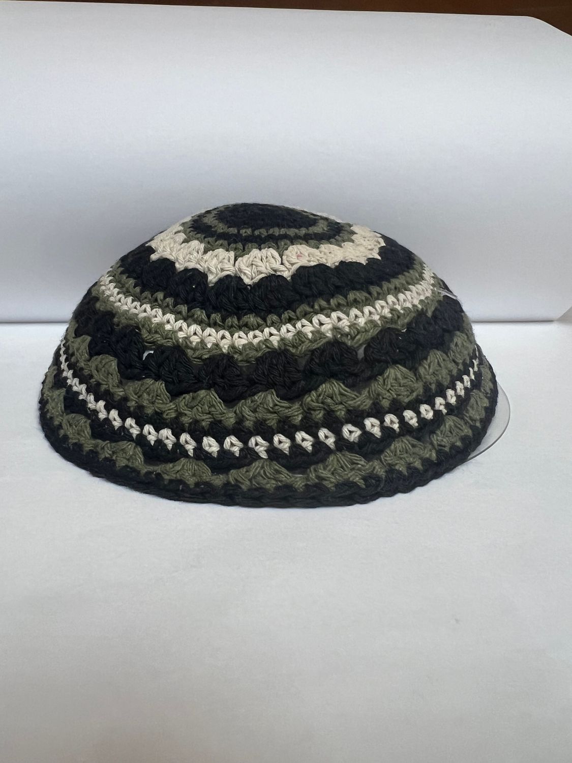 Knitted Kippah With Black, Green, Beige - 20cm Knitted Kippah With Black, Green, Beige - 20cm