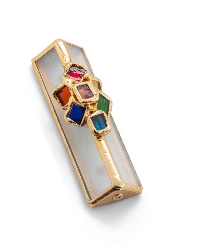 IMJ  Stained Glass Rainbow Mezuzah-Gold/Silver