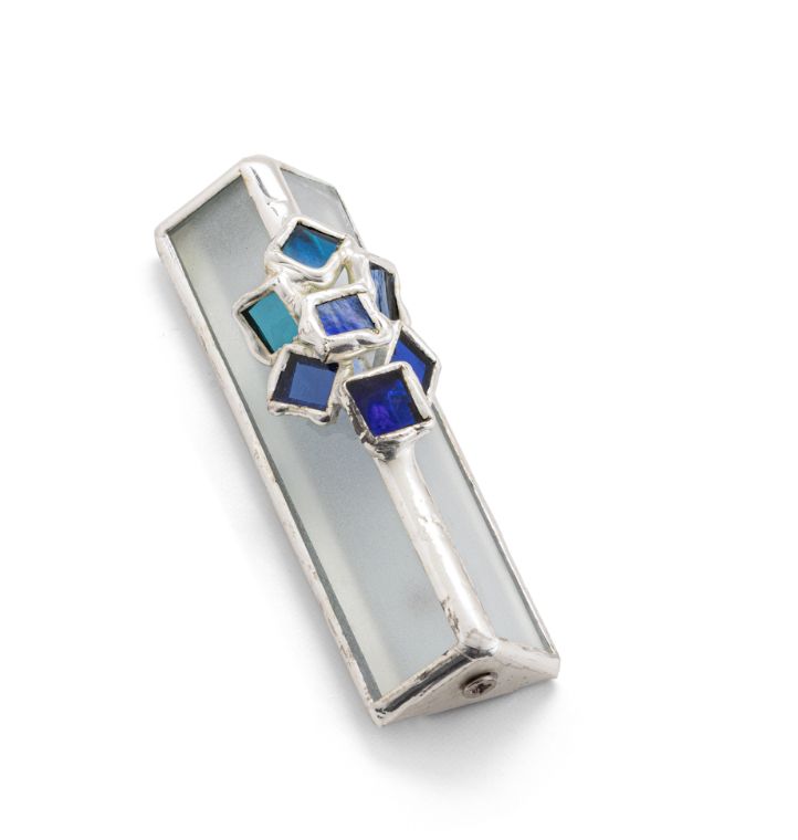 IMJ  Stained Glass Blue Mezuzah-Gold/Silver