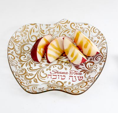 Rosh Hashanah Glass Apple Plate w/ Gold & Red