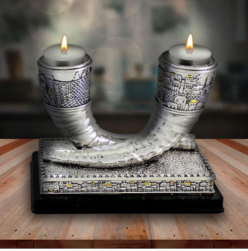 Polymer "Shofar" Candlesticks - "Jerusalem" in Silver
