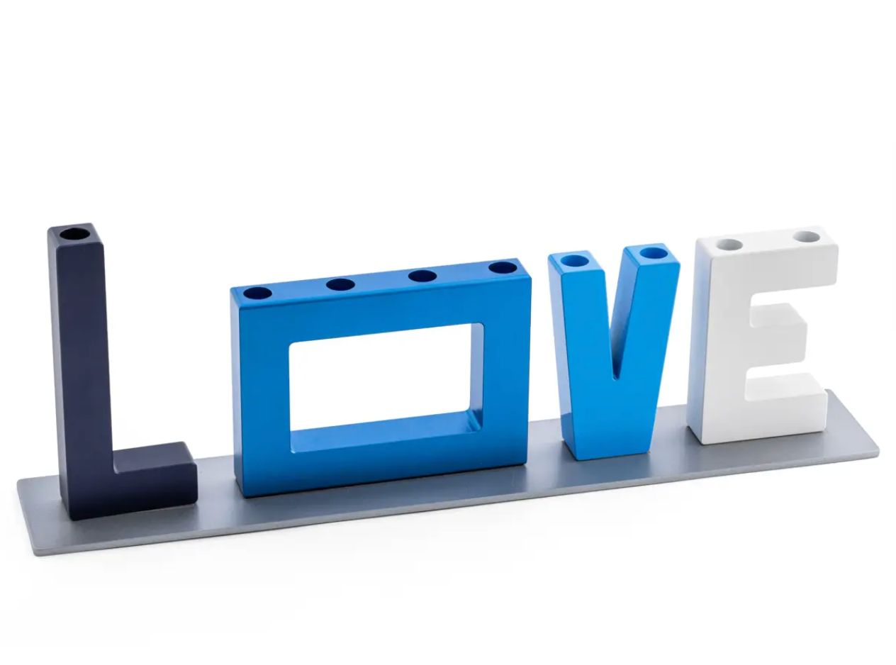 IMJ Anodized Aluminum LOVE Menorahs (Blue & White) IMJ Anodized Aluminum LOVE Menorahs (Blue & White)