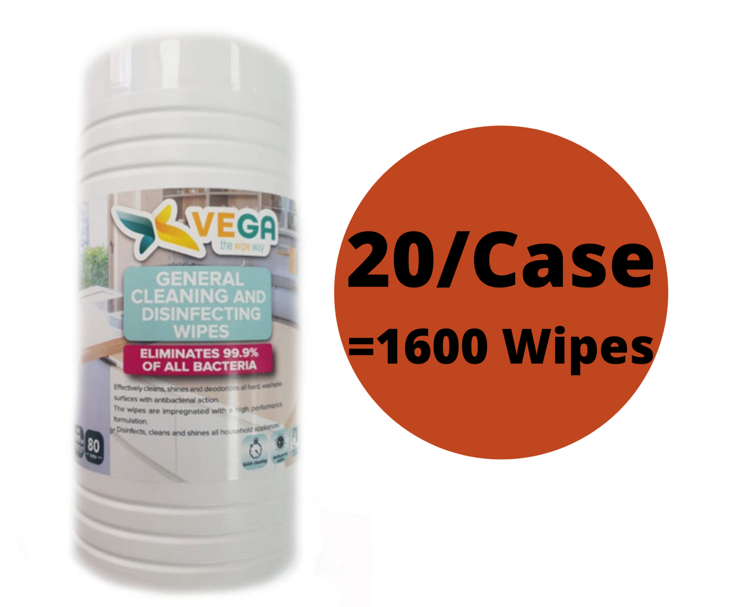 20/Case x 80 Count Vega Antibacterial Disinfecting Sanitizing Wipes, Kills 99.9% Germs- Similar to Lysol- Equals to 1600 wipes