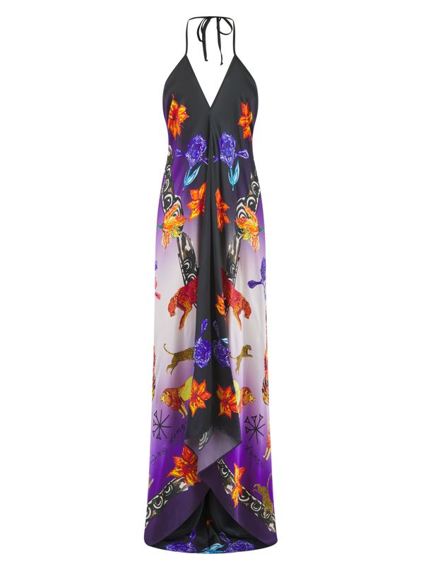Hand Painted Floral Leopard Print Silk Dress
