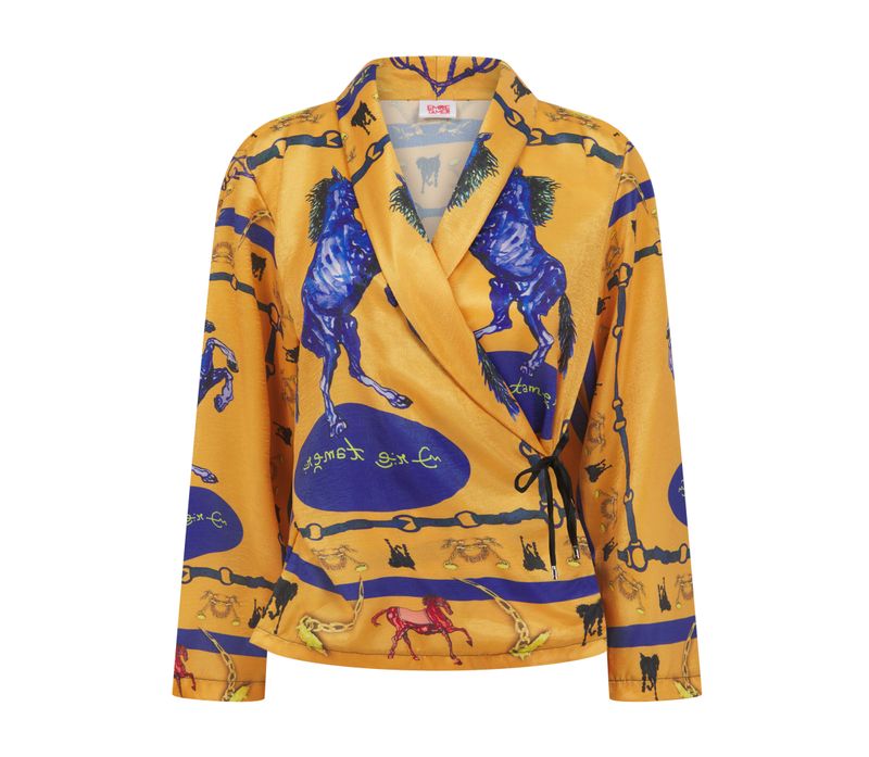 SALE-Gold Blue Hand Painted Horse Wrap Blazer