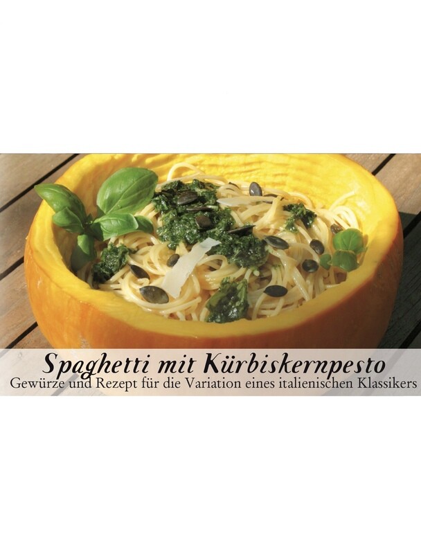Spaghetti mit Kürbiskernpesto-Gewürzkasten (vegetarisch) Spaghetti mit Kürbiskernpesto-Gewürzkasten (vegetarisch)
