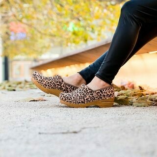 dansko leopard suede clogs