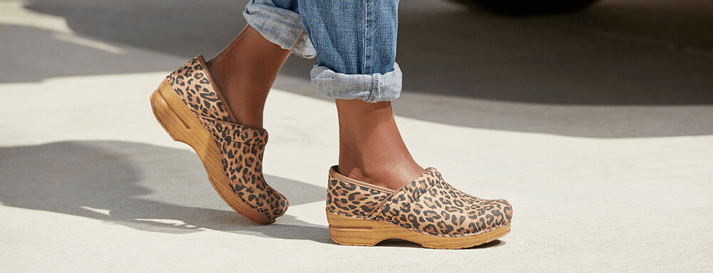 dansko leopard suede clogs