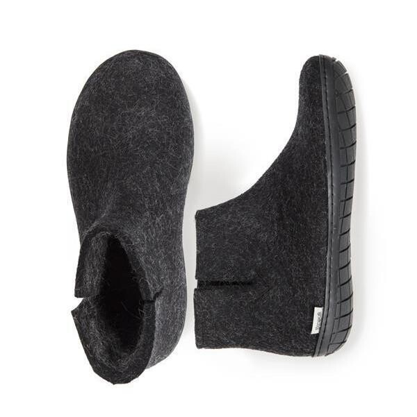 Glerups M&#39;s and W&#39;s Unisex Felt Slipper Low Boot Charcoal w/ Black Rubber Bottom