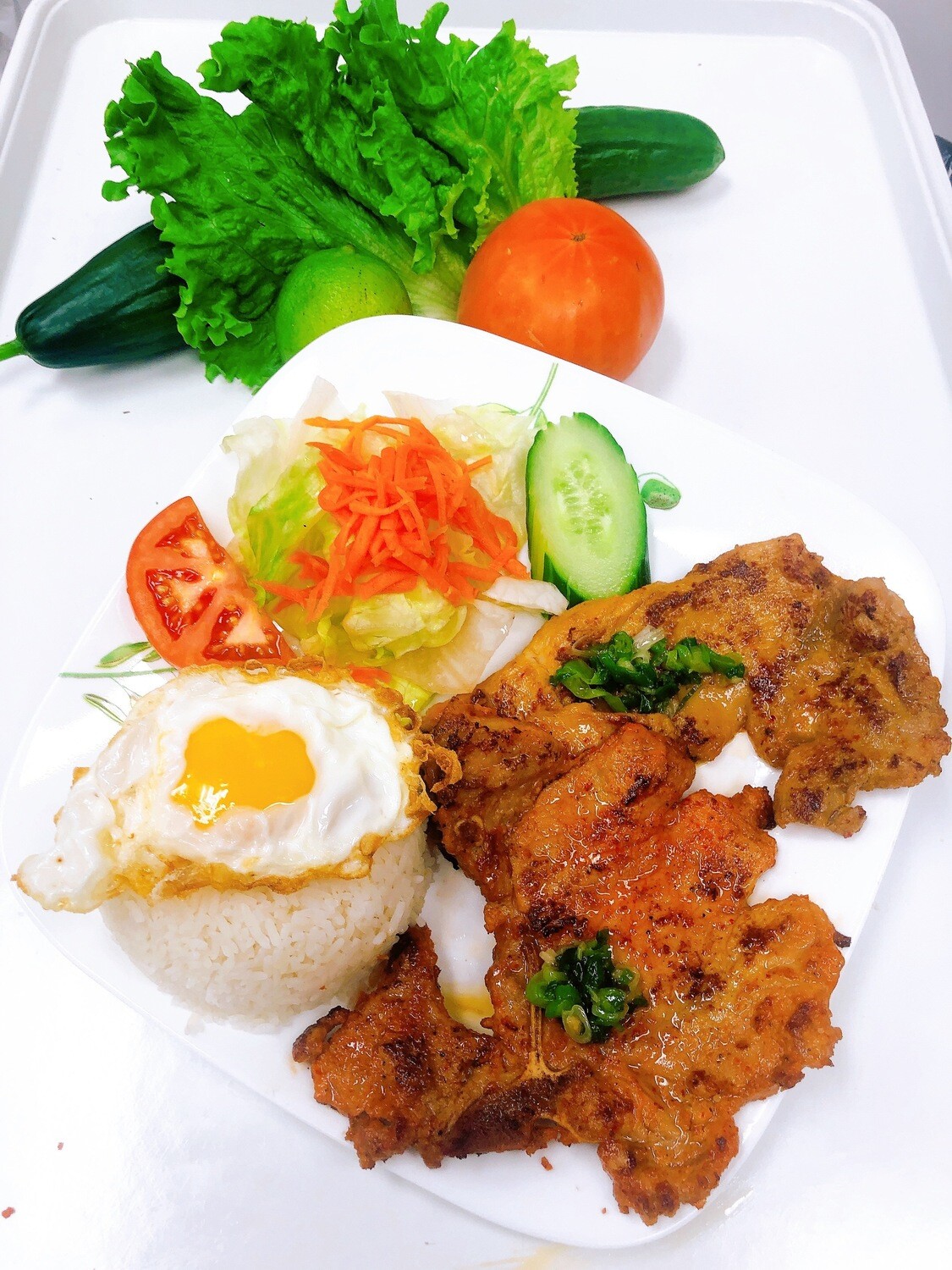 505- Grilled Pork Chop, Chicken, Fried Egg, with Steamed Rice