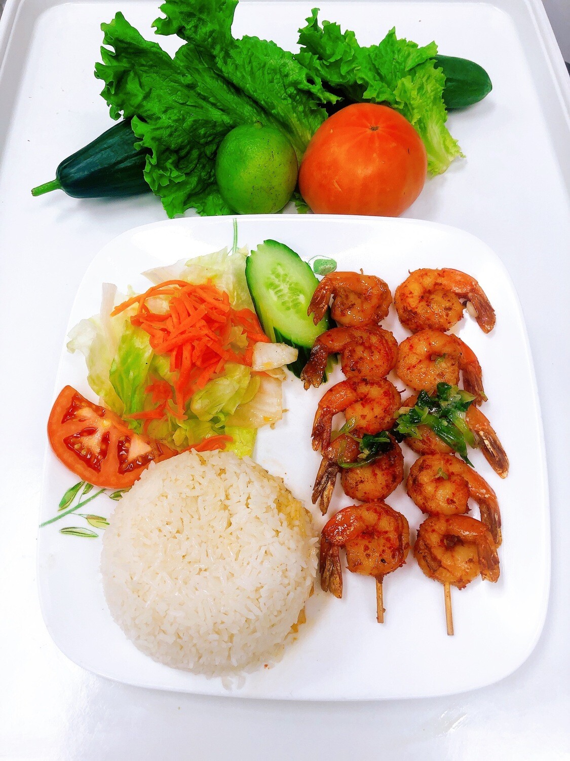 510- Grilled Tiger Shrimp (10 pcs) with Satay Sauce on Steamed Rice