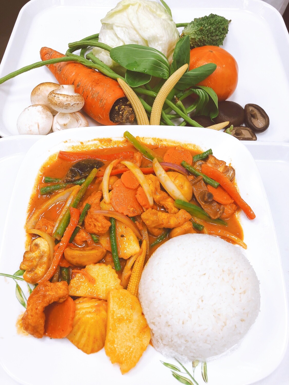608- Red Curry with Vegetables, Mushrooms, and Tofu on Steamed Rice