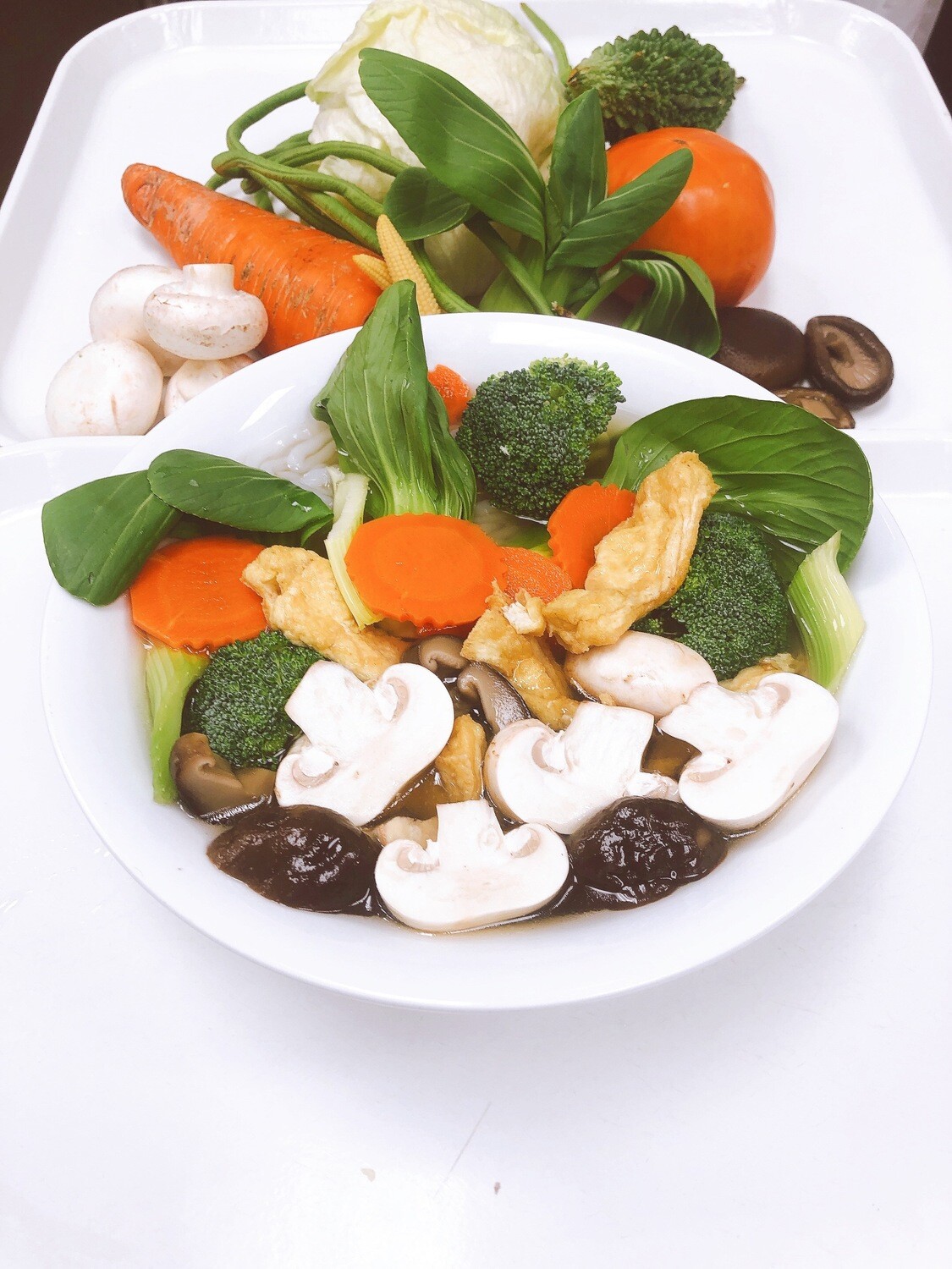 613- Vegetables, Mushroom, and Tofu with Thick Rice Noodle Soup