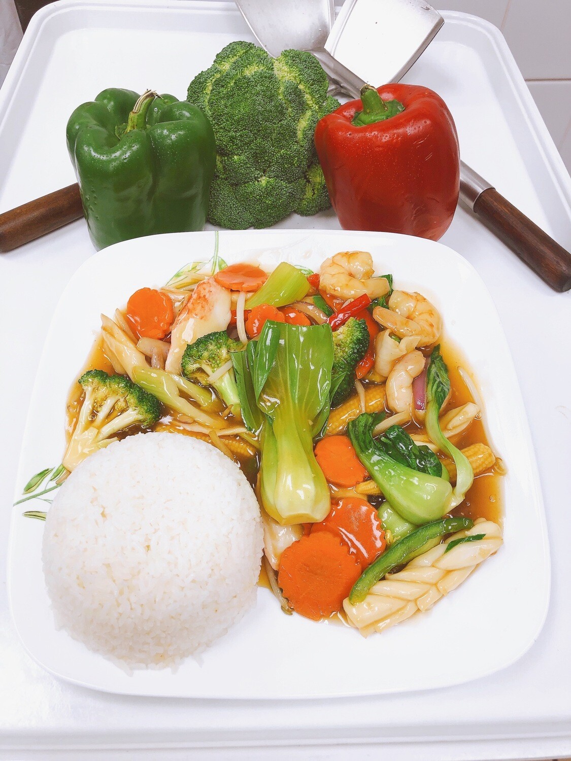 708- Stir Fried mix Vegetables with (Option) Served with Steamed Rice