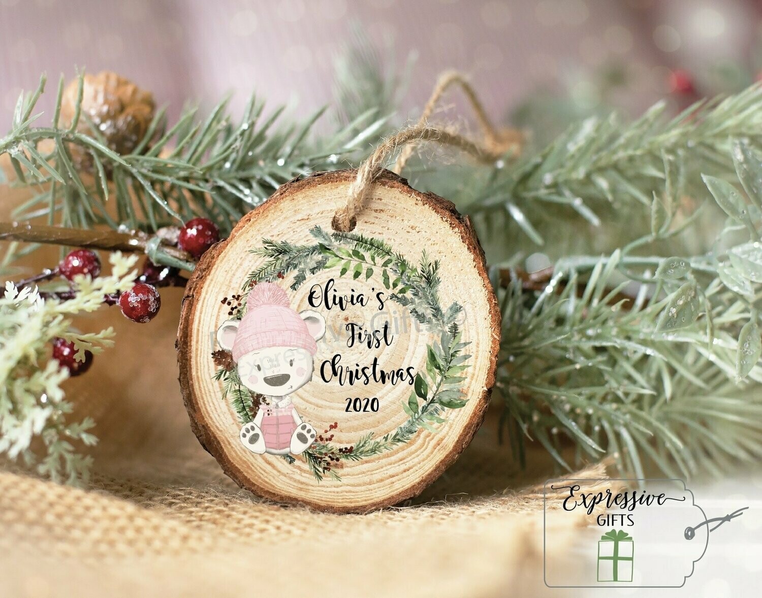 Personalised Baby s First Christmas wood slice decoration