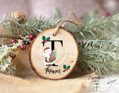 Personalised initial children's wood slice Christmas decoration