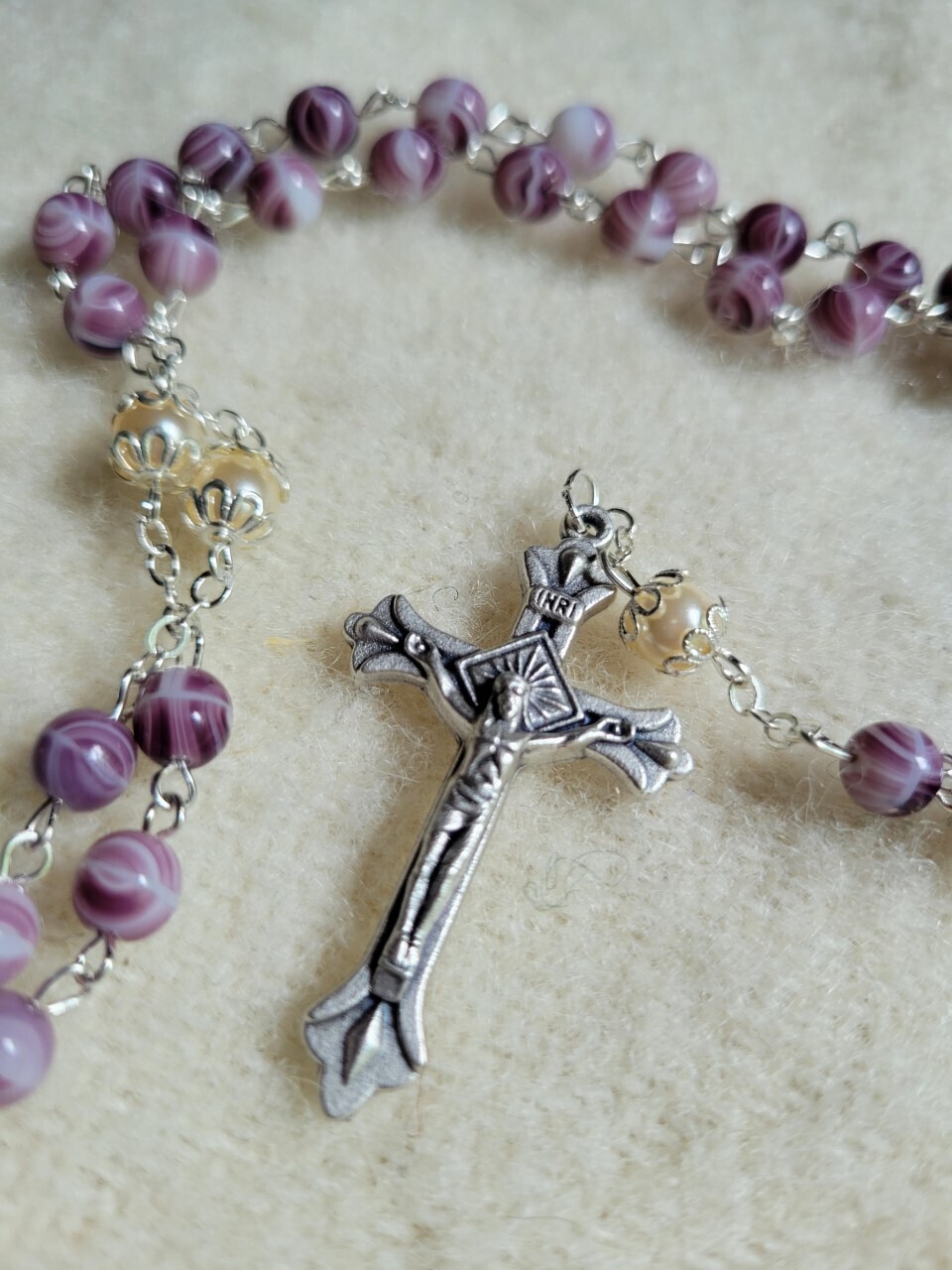 Rosary Purple/White Glass Beaded- 19"