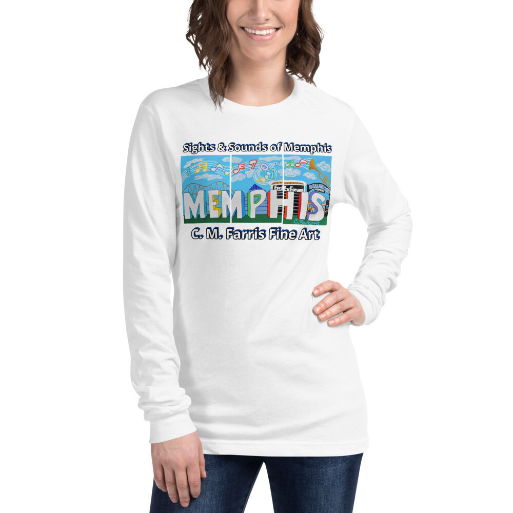 Women&#39;s Sights &amp; Sounds of Memphis Unisex Long Sleeve Tee, Color: White, Size: XS