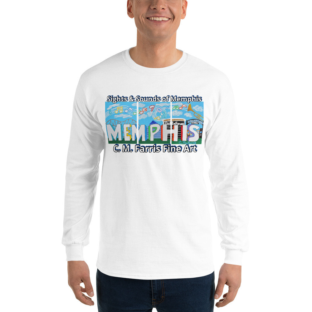 Men’s Long Sleeve Sights &amp; Sounds of Memphis Shirt, Color: White, Size: S