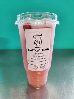 FANTASY ISLAND - Sparkling or still water base with strawberry, coconut cream, and frozen strawberries