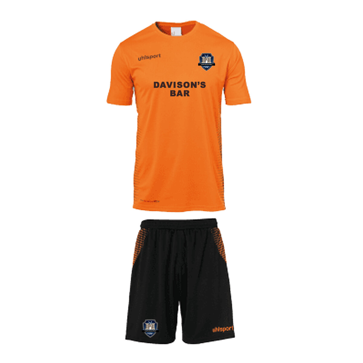 Official Castlecaulfield FC Orange Top and Black Shorts