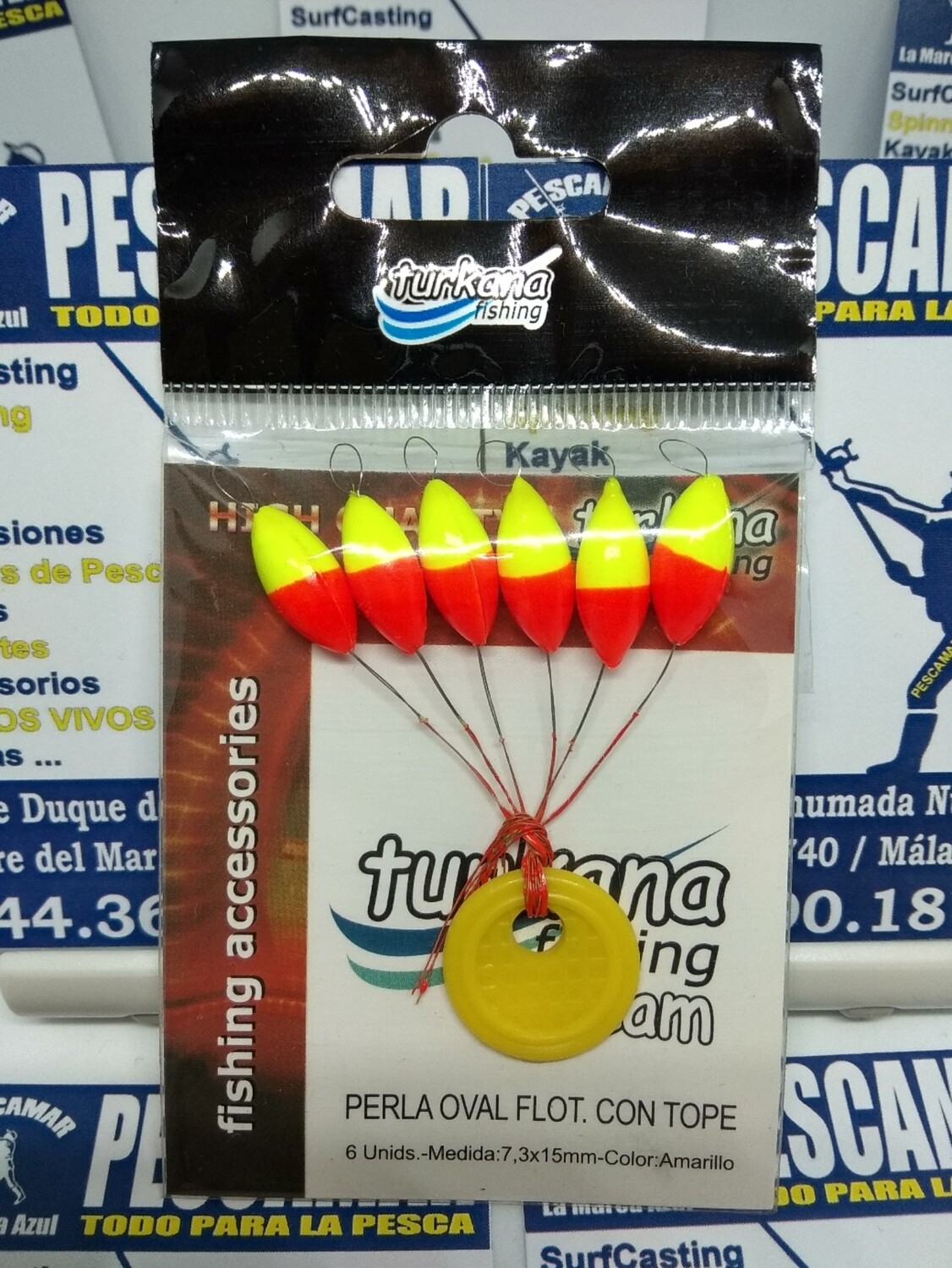 Perla flotante con tope - oval 6unid - 7.3x15mm - amarillo/rojo - turkana