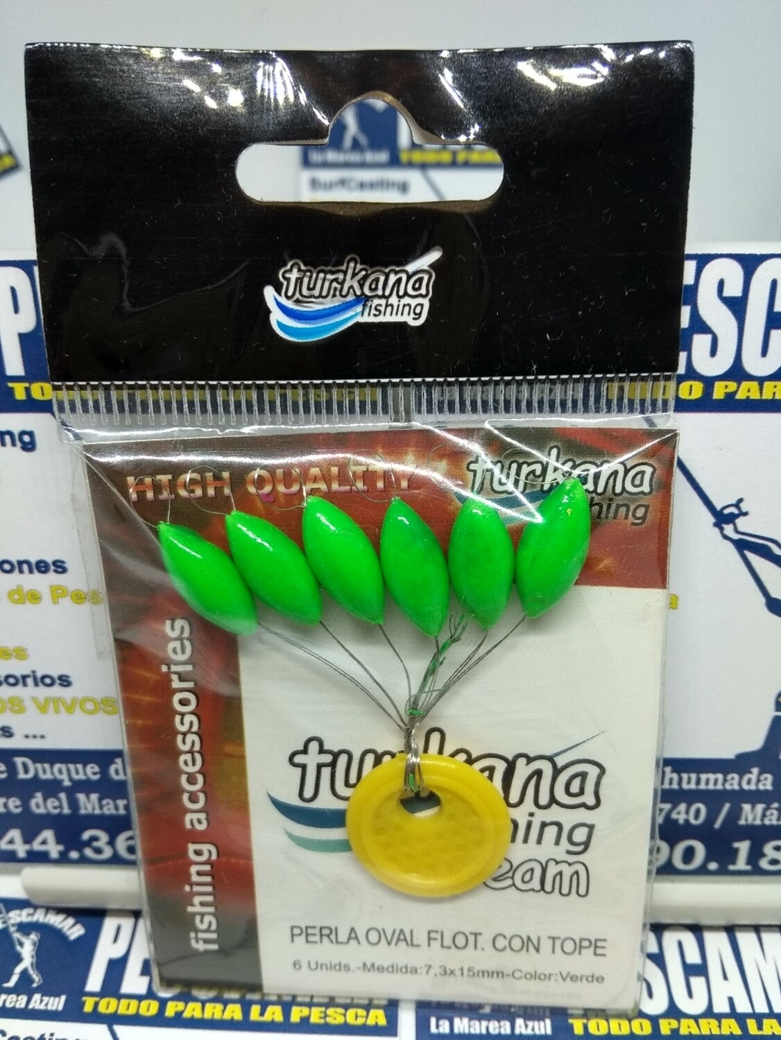 Perla flotante con tope - oval - 6unid - 7,3x15mm - verde - turkana