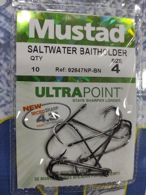 Anzuelo Num 4 - 10 unid - Mustad - ojal - curvo - Saltwater baitholder - 92647np-bn