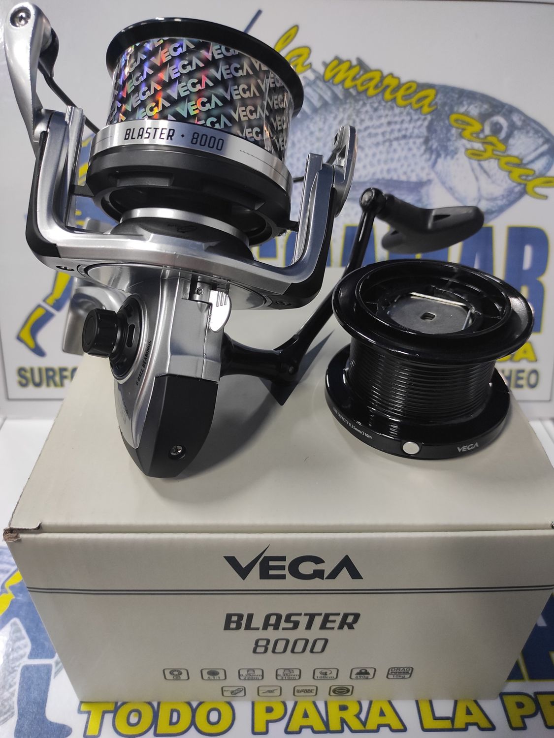 Carrete Vega Blaster 8000 - 6 Rod / 4:1:1 / 100cm / 690Gr / 10Kg Freno / 2 Bobinas