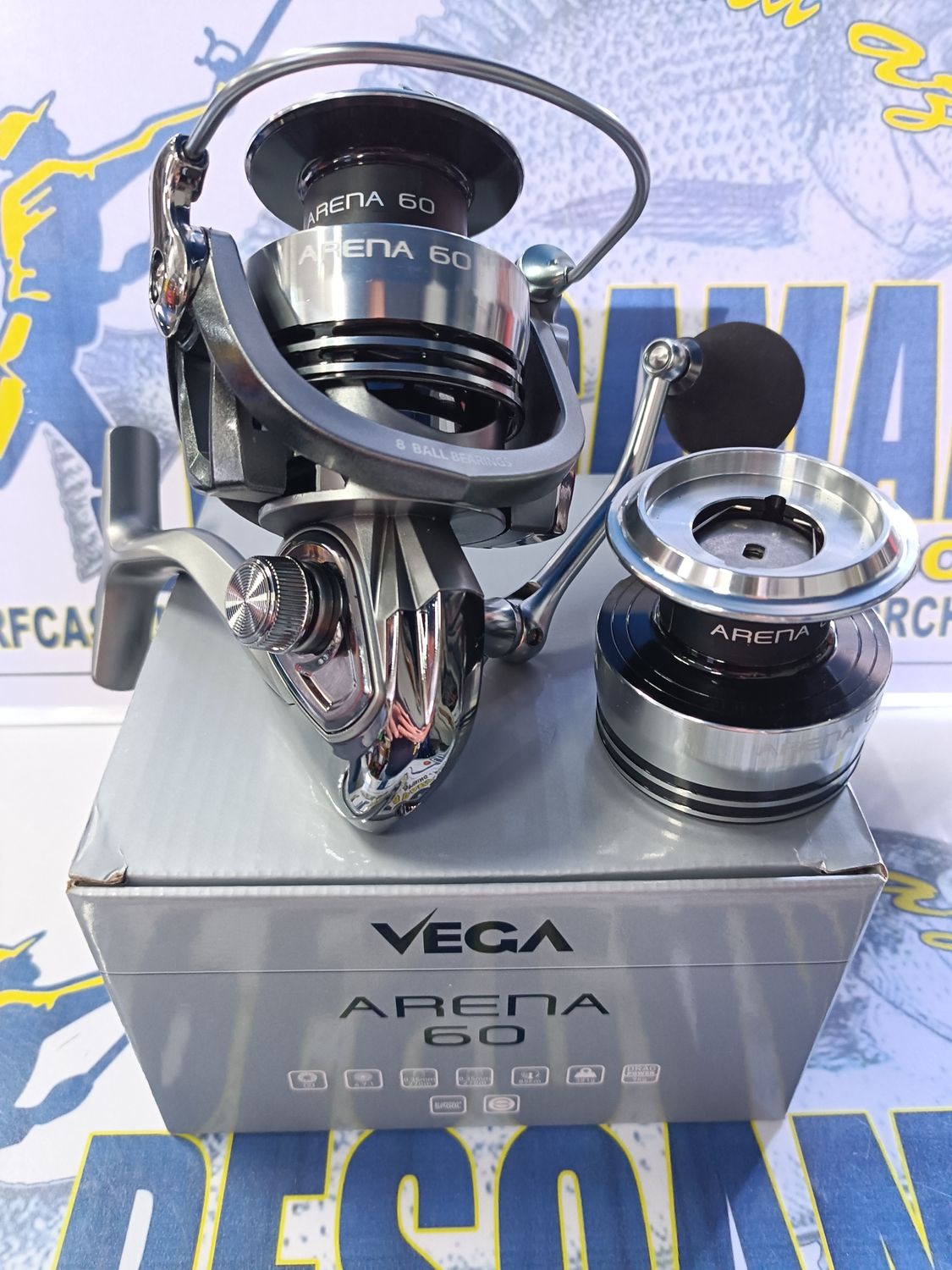 Carrete Vega Arena 60 / Rod8 / Rat4.7:1 / Vu85Cm / Peso381Gr / Freno9Kg / 2 Bobinas / 147170