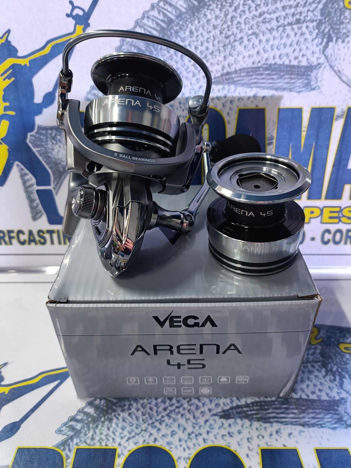 Carrete Vega Arena 45 / Rod8 / Rat5.5:1 / Vu85Cm / Peso300Gr / Freno8Kg / 2 Bobinas / 147163