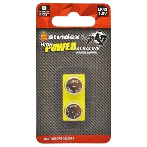 PILES LR43   1,5V  SUNDEX  X 2   SUPER ALCALI