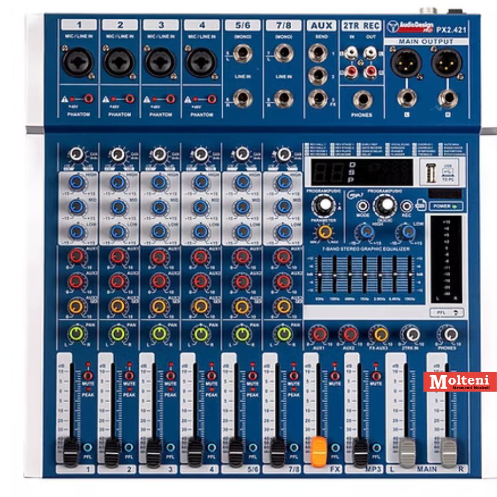 Audiodesign Pro PX2.421 Mixer 4 Canali Mono - 2 Canale Stereo - 2 Aux - USB/BT - 24 effetti con DSP Audiodesign Pro PX2.421 Mixer 4 Canali Mono - 2 Canale Stereo - 2 Aux - USB/BT - 24 effetti con DSP