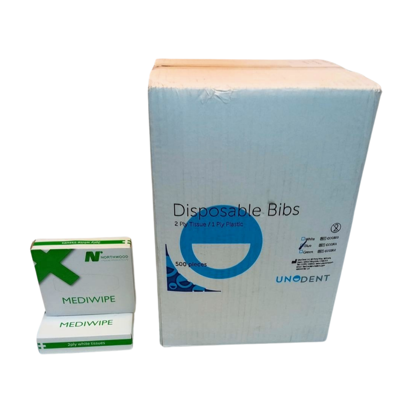 Polybacked Blue Bibs or  Medical Wipes 1x72 Boxes